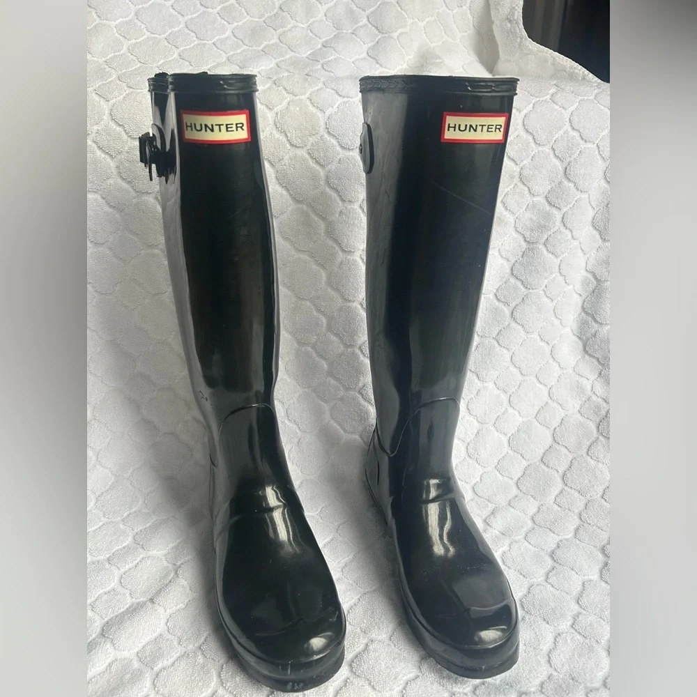 Hunter Black Tall Adjustable Calf Rain Boots Women’s Size 8 Glossy Outdoor